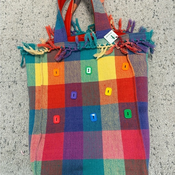 Mooncraft handmade NWT  button Red and Orange TasseledTote Bag lined flannel red - Picture 2 of 13